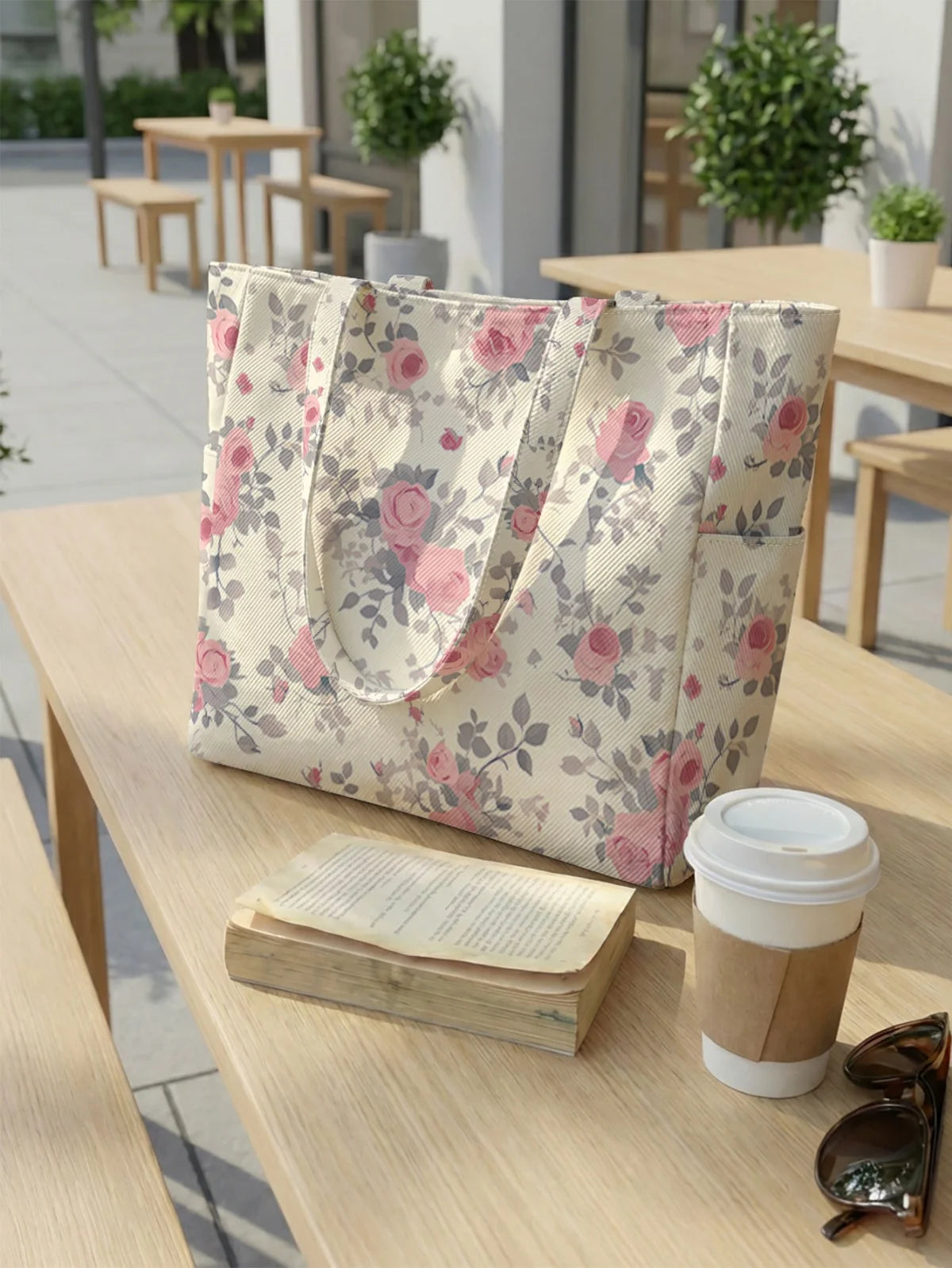 Floral printed large capacity women's handbag, canvas shoulder bag, casual commuting shopping bag