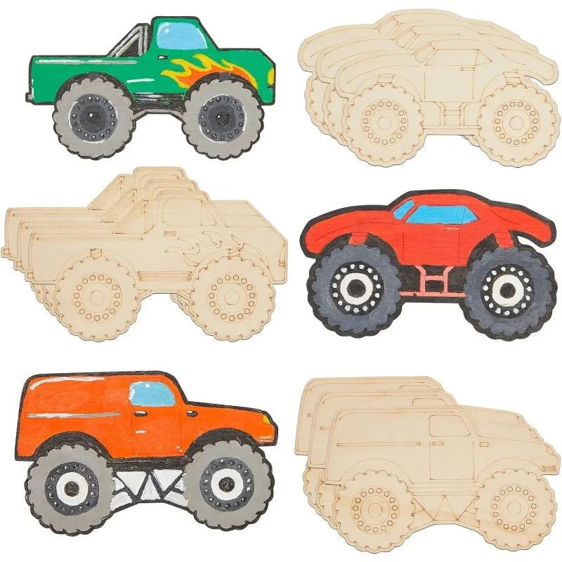 12pcs Unfinished Wood Monster Truck Cutouts, Wooden Craft Shapes