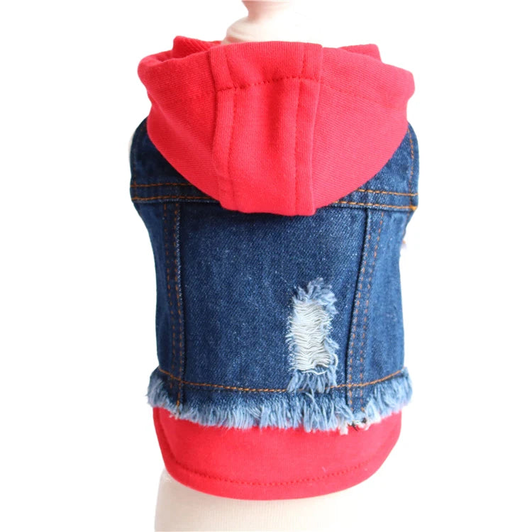 Retro Denim Hoodie Dog Jacket – Durable Four-Season Jean Vest for Small Dogs