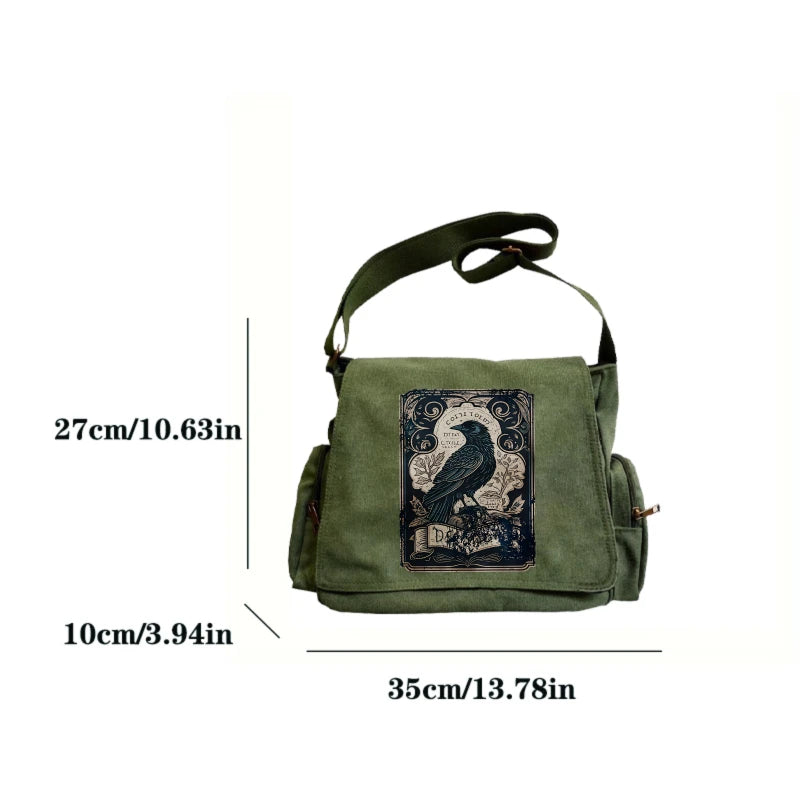 Vintage Raven Print Women's Shoulder Bag Men's Crossbody Messenger Bag Large Capacity Canvas Laptop Bag