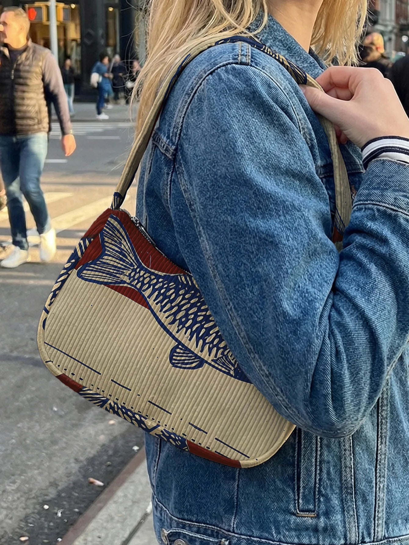 Trendy Blue Fish Print Shoulder Bag, Beige & Red Corduroy Underarm Bag for Daily Casual Use