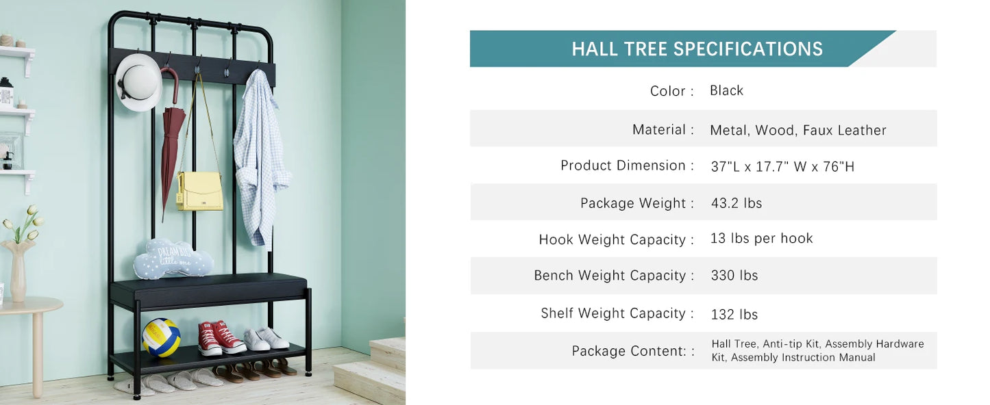 Hall tree with shoes and a product specifications table on the right.