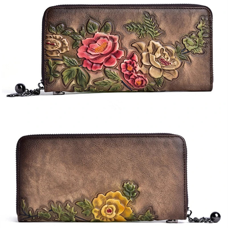 Nesitu Highend Vintage Long Size Flower Brown Coffee Red Top Grain Genuine Leather Women Clutch Wallet Lady Phone Purse M004