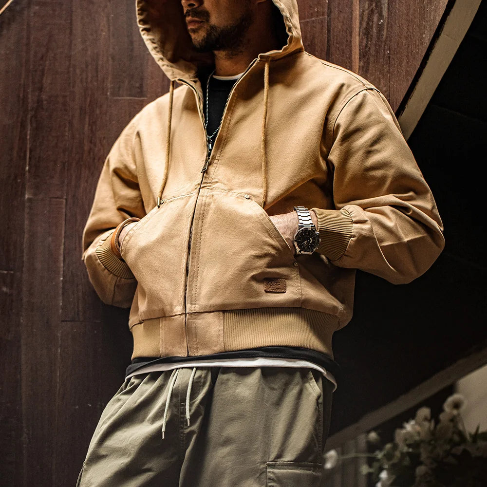 Retro Men's Heavyweight Denim Jacket, Vintaged Hooded Zip-up Work Jacket