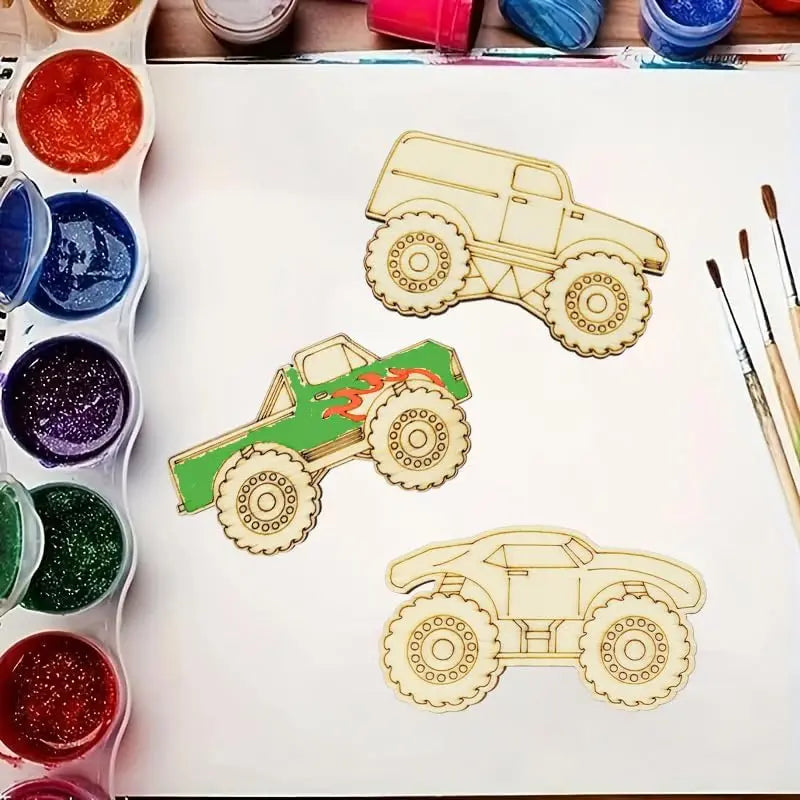 12pcs Unfinished Wood Monster Truck Cutouts, Wooden Craft Shapes