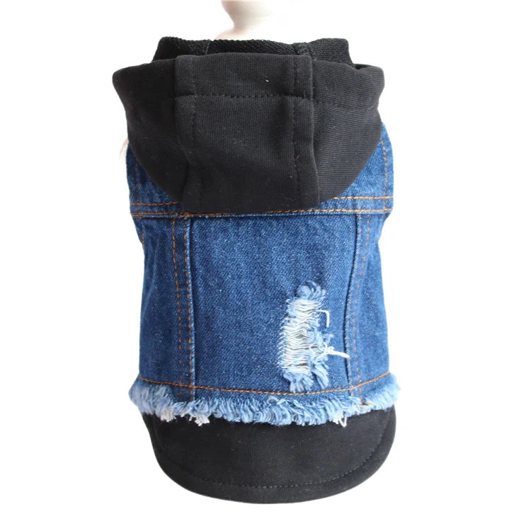 Retro Denim Hoodie Dog Jacket – Durable Four-Season Jean Vest for Small Dogs