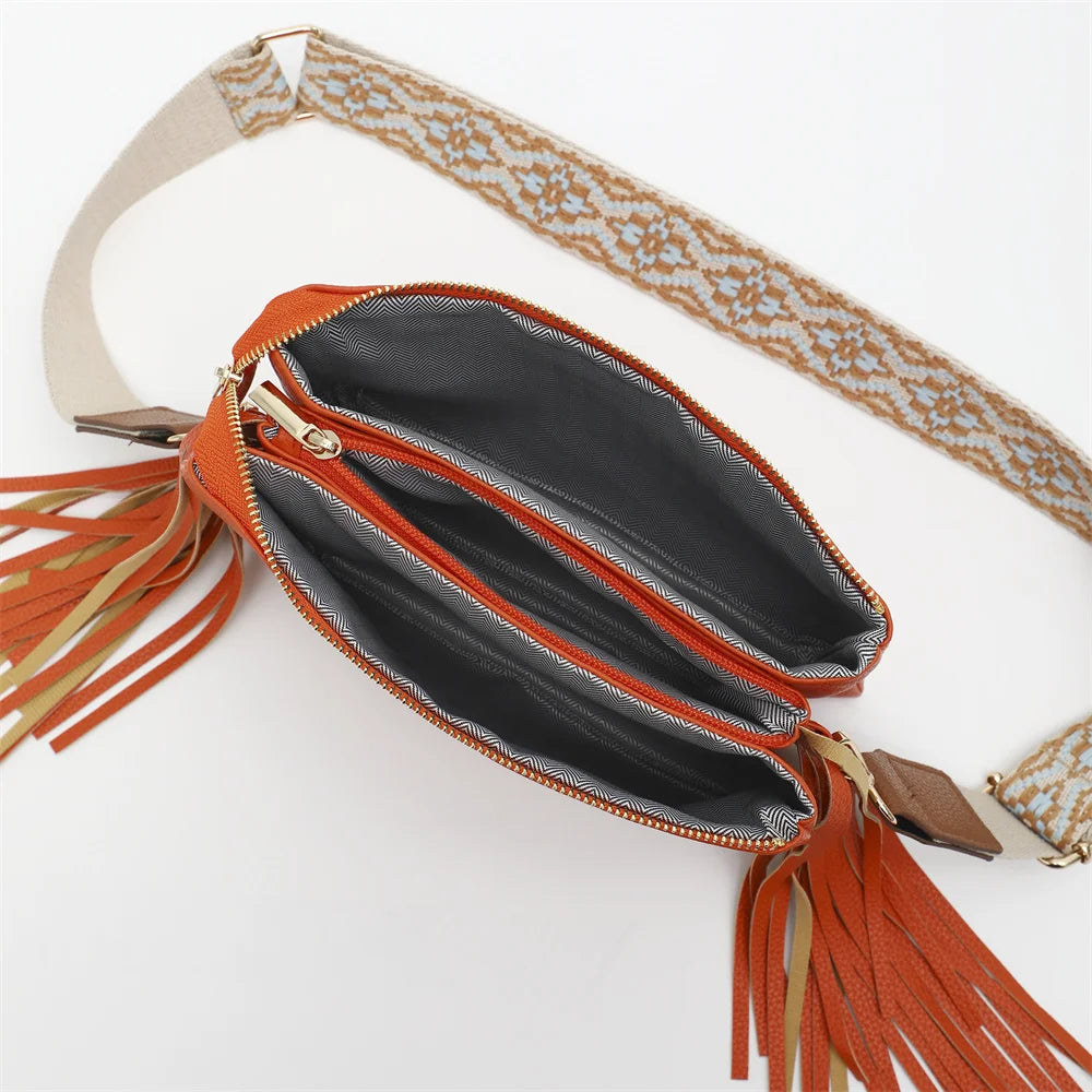Tassel Accent Crossbody Bag For Women Leisure Shoulder Bag Purse PU Leather With Adjustable Strap Western Fringe