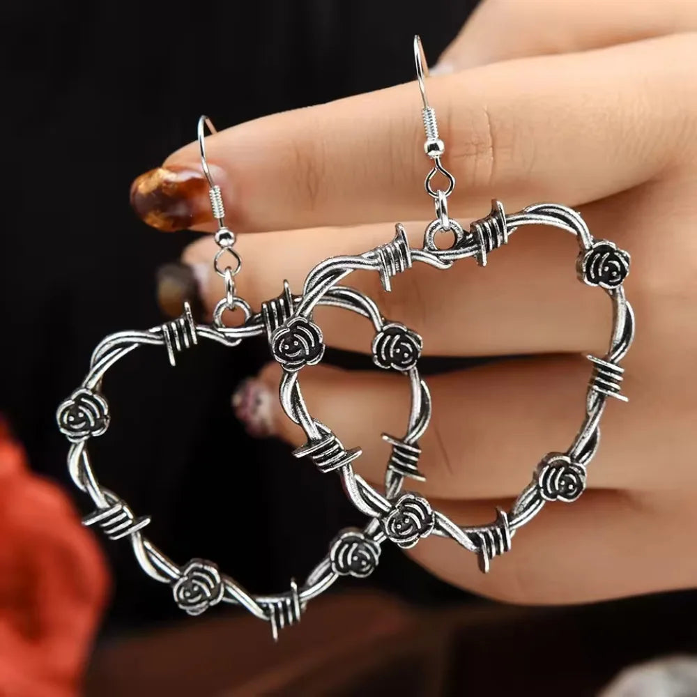 Gun Black Metal Barbed Wire & Roses Heart Earrings –– Rustic Edge with a Tender Touch