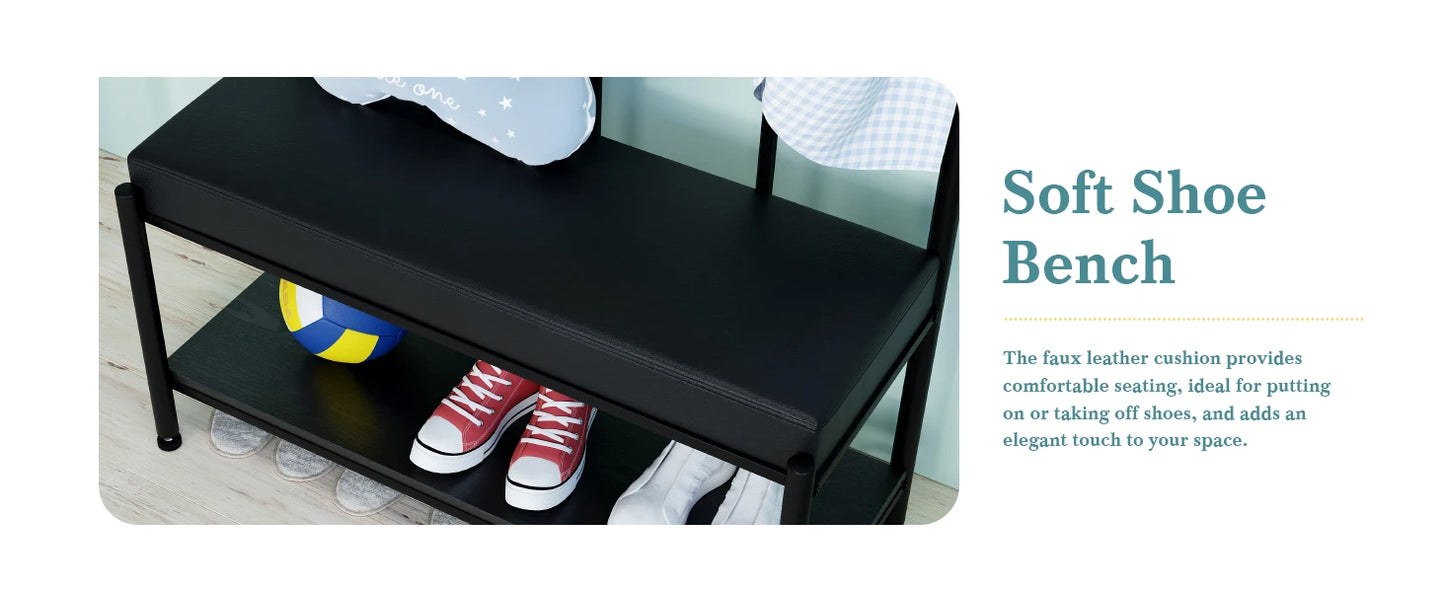 Black shoe bench with shoes on a white background