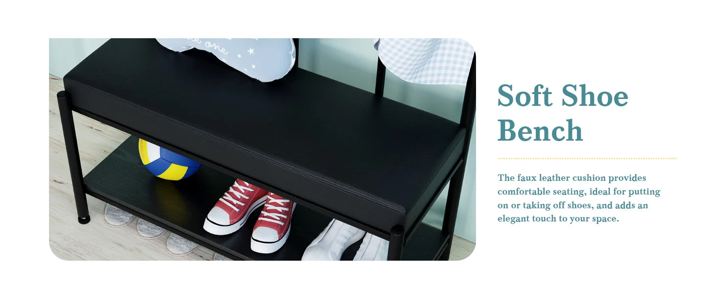 Black shoe bench with shoes on a white background
