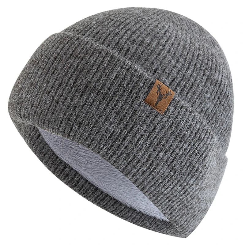 Winter Hat Plush Fleece-Lined Knit Cap--Knitted Hat w Deer Head Patch Accent