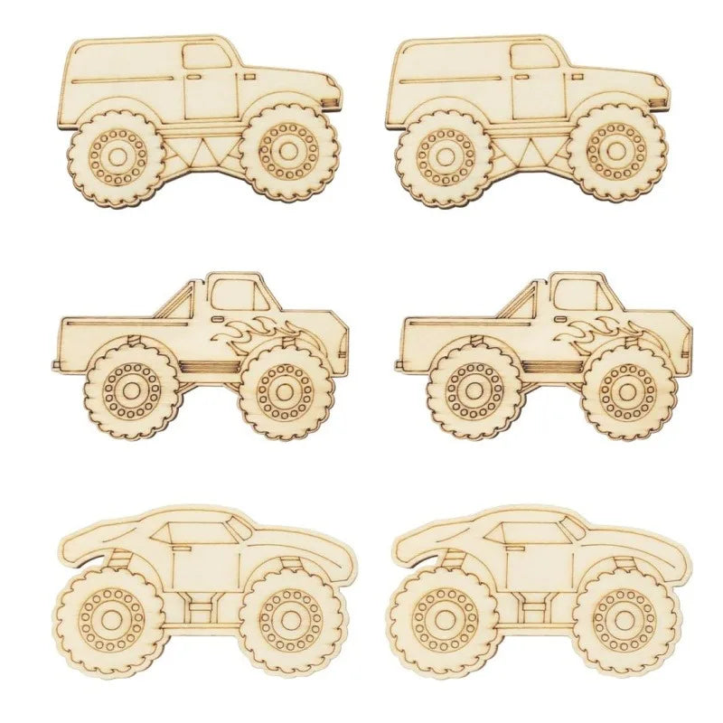 12pcs Unfinished Wood Monster Truck Cutouts, Wooden Craft Shapes