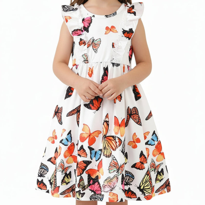 Girls' Spring, Summer Sleeveless Ruffle Butterfly-Print Dress