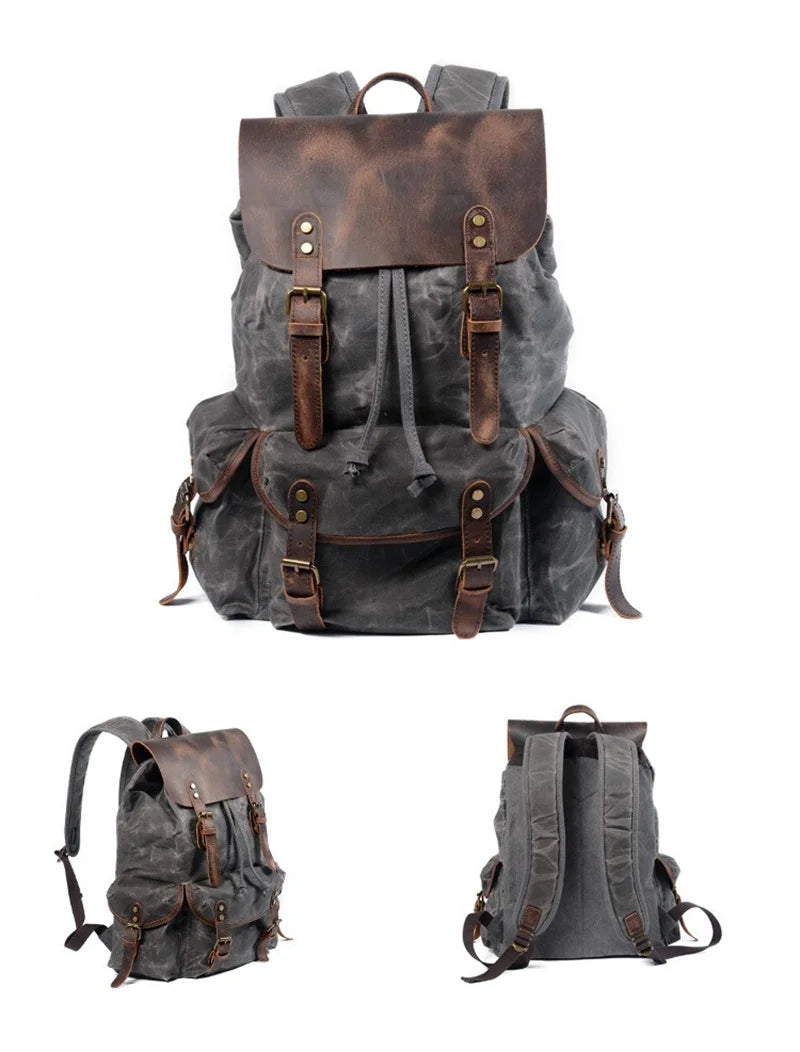 Nesitu Vintage A4 Genuine Leather Wax Canvas Women Backpacks for Men Laptop Daypacks Waterproof Rucksacks Large Travel Bag M6105