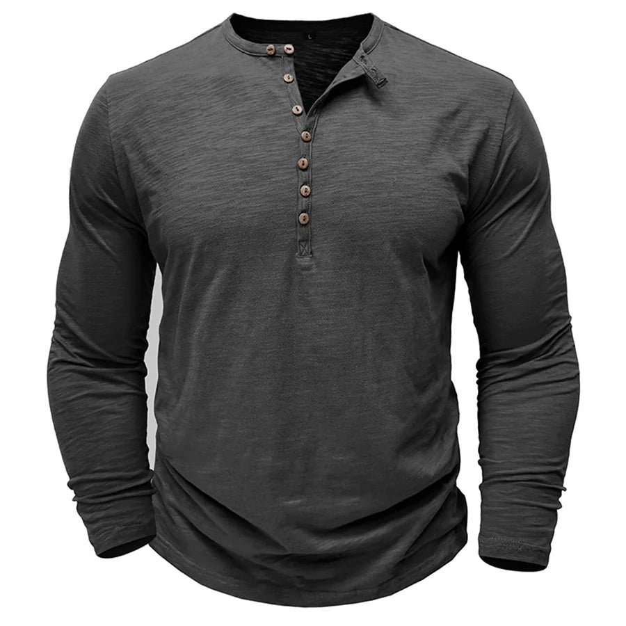 Men's 100% Cotton Henley T-Shirt Quality Long Sleeve Basic T Shirt