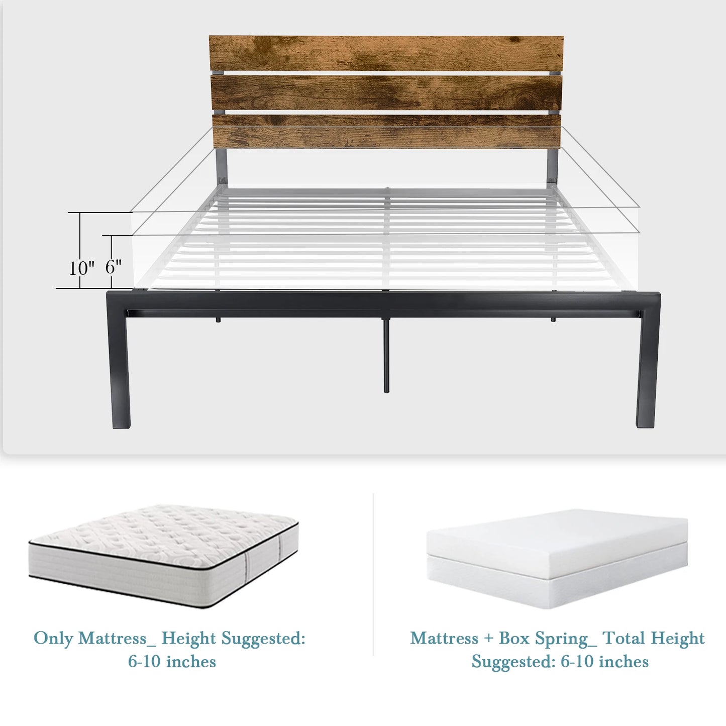 Rustic Wooden Headboard/Heavy Duty Metal Platform Bed Frame