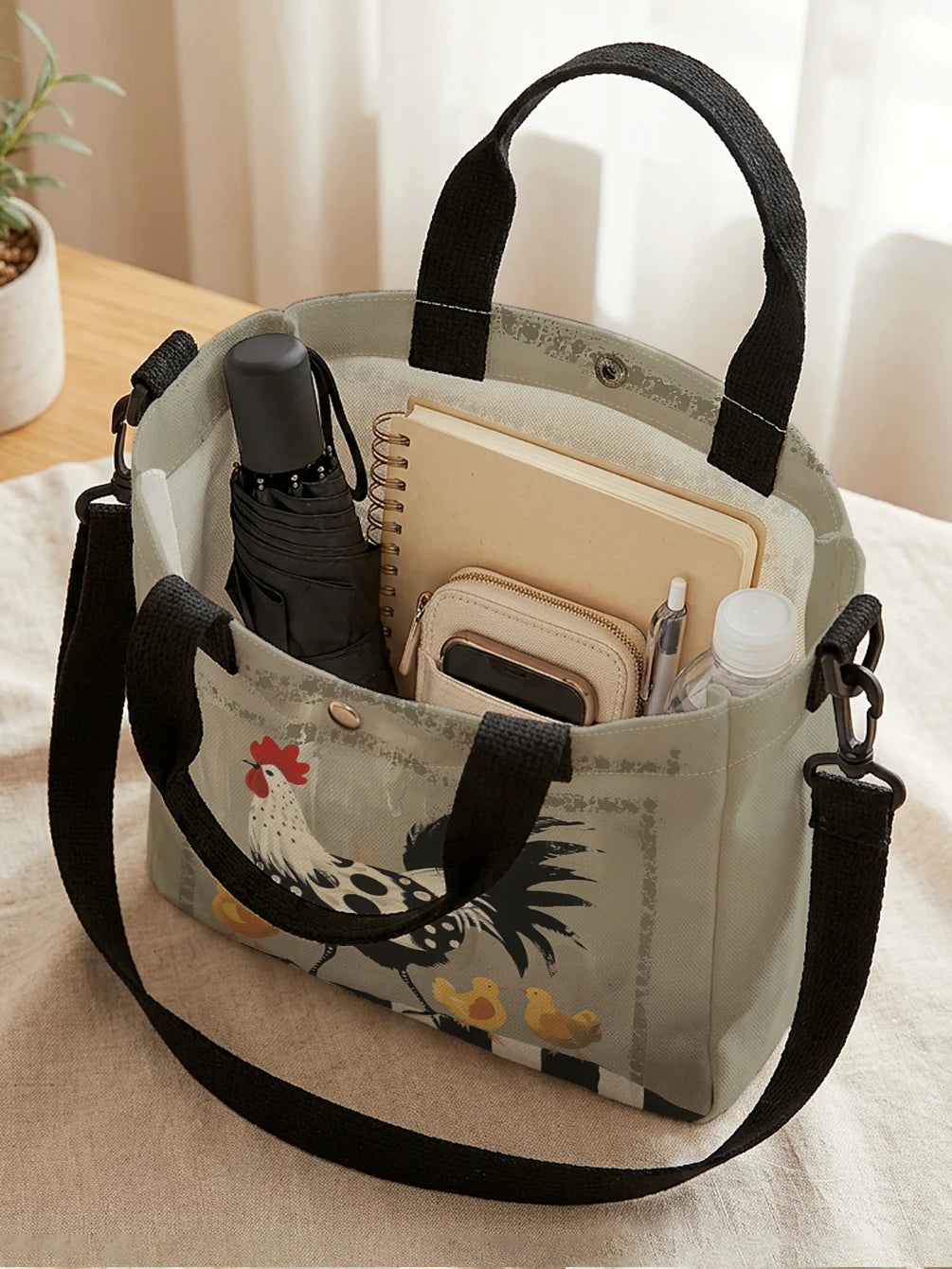 Rooster print handbag with detachable shoulder strap and crossbody bag, suitable for women's daily shopping