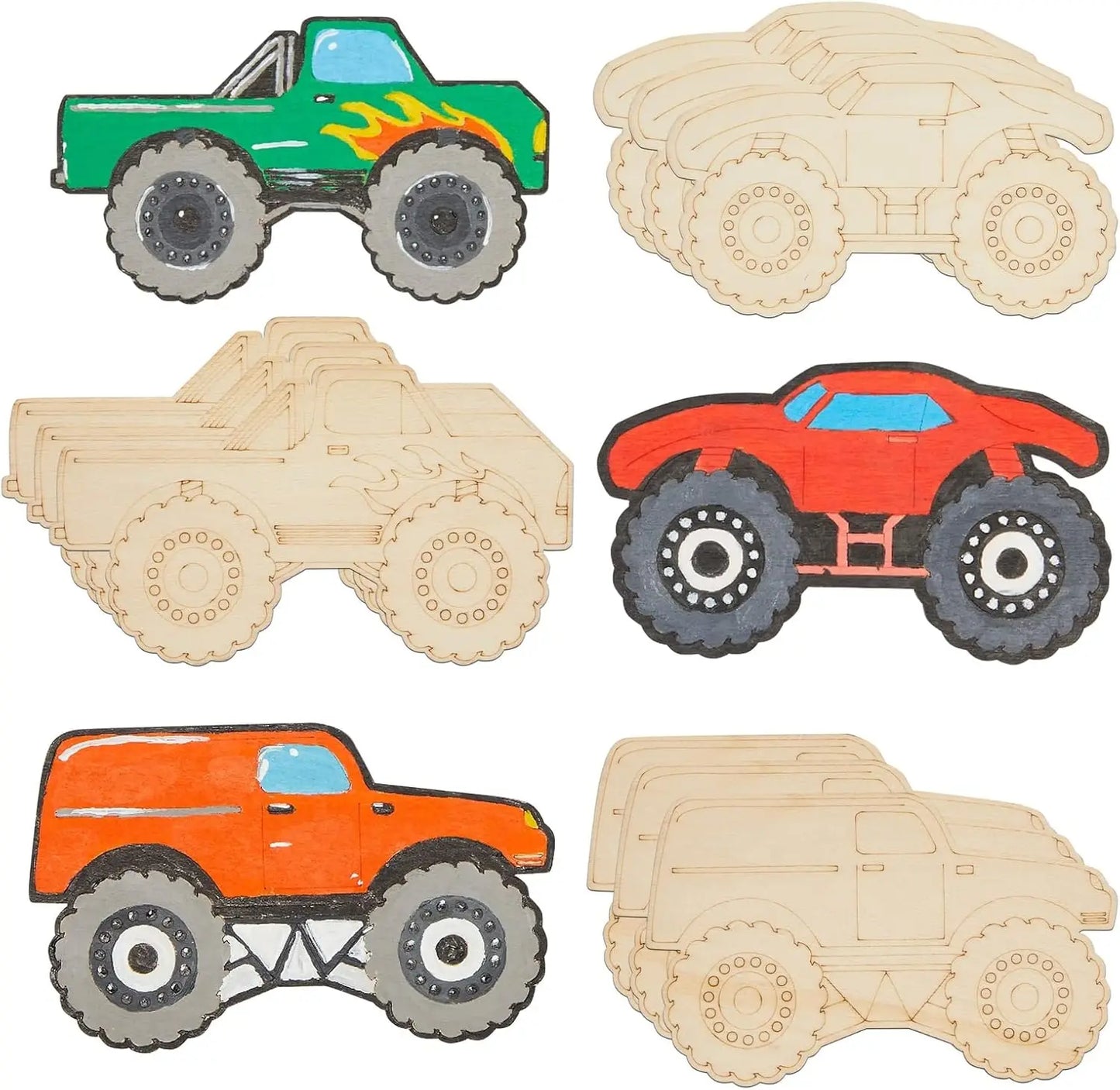 12pcs Unfinished Wood Monster Truck Cutouts, Wooden Craft Shapes