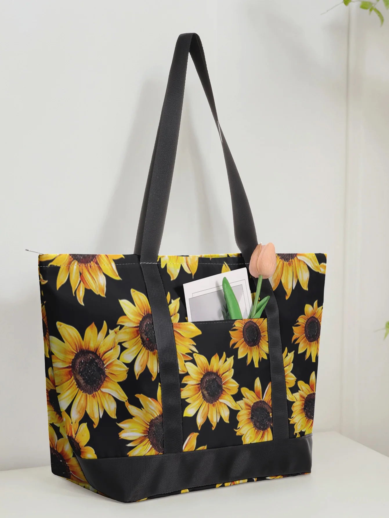Vintage Sunflower Pattern Tote Bag With Outer Pocket Large Capacity Women Casual Shoulder Bag Shopping Daily Handbag