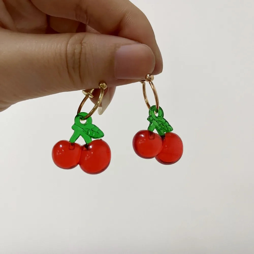 Cute Pair of Cherries Shaped Resin Dangle Drop Earrings