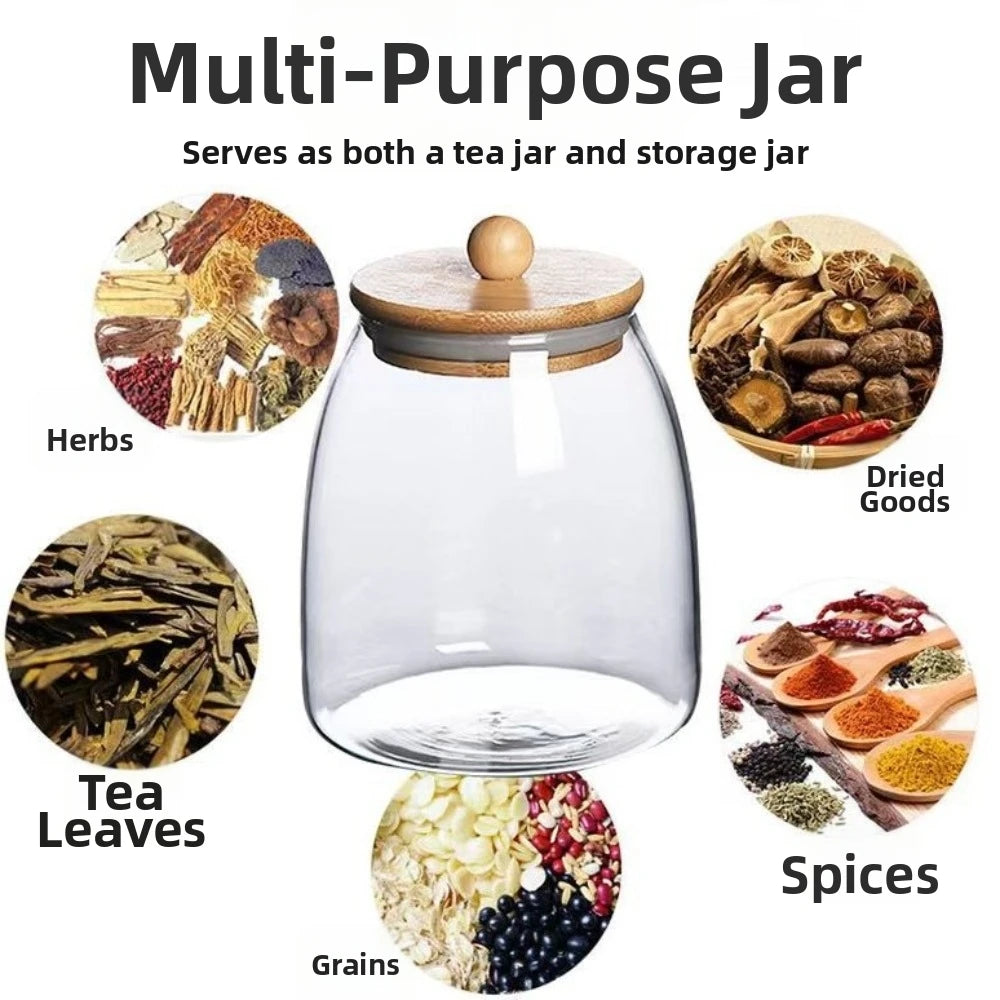 Transparent Airtight Glass Containers Moisture Proof Large Capacity Tea Storage Jar Wooden Lid Food Storage Container