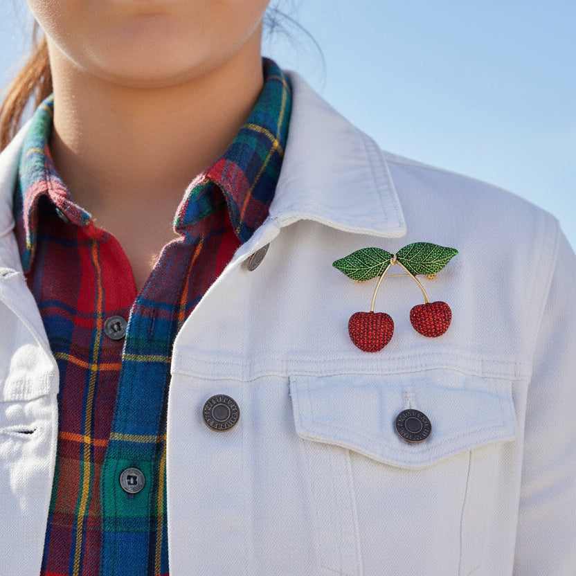 Bead-Textured Classic Country Cherries Motif Brooch
