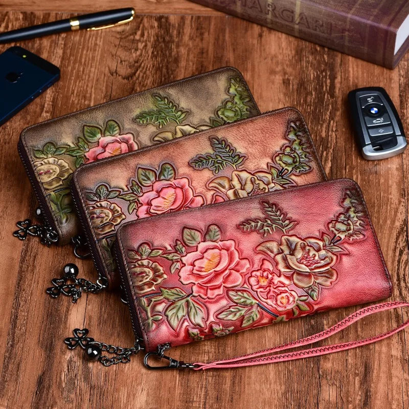 Nesitu Highend Vintage Long Size Flower Brown Coffee Red Top Grain Genuine Leather Women Clutch Wallet Lady Phone Purse M004