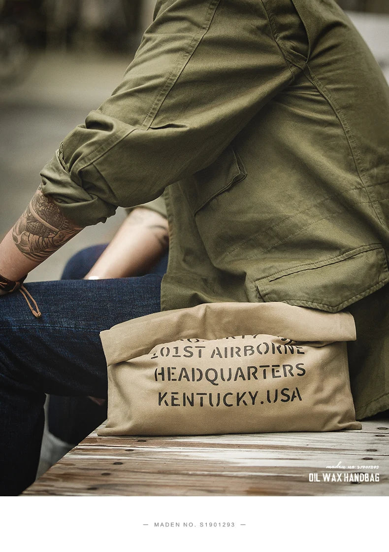 Maden Oil Wax Canvas Handbag Men's Vintage Handbags Khaki Print Purse Envelope Capacity Money Bag Magnetic Buckle Long Wallet