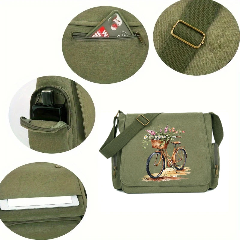 Vintage Womens Messenger Bag Floral Bicycle Print Canvas Crossbody Bag Large Capacity Travel Shoulder Bag