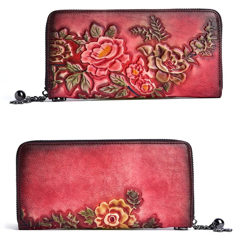 Nesitu Highend Vintage Long Size Flower Brown Coffee Red Top Grain Genuine Leather Women Clutch Wallet Lady Phone Purse M004