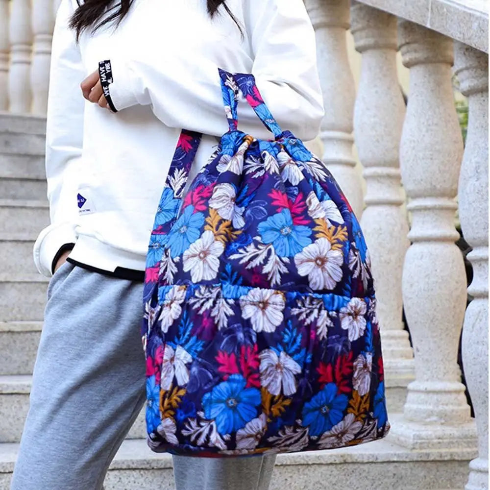 Multifunctional Floral Printed Drawstring Bag Polyester Waterproof Backpacks Fold Sports Travel Bag Teenage Girls