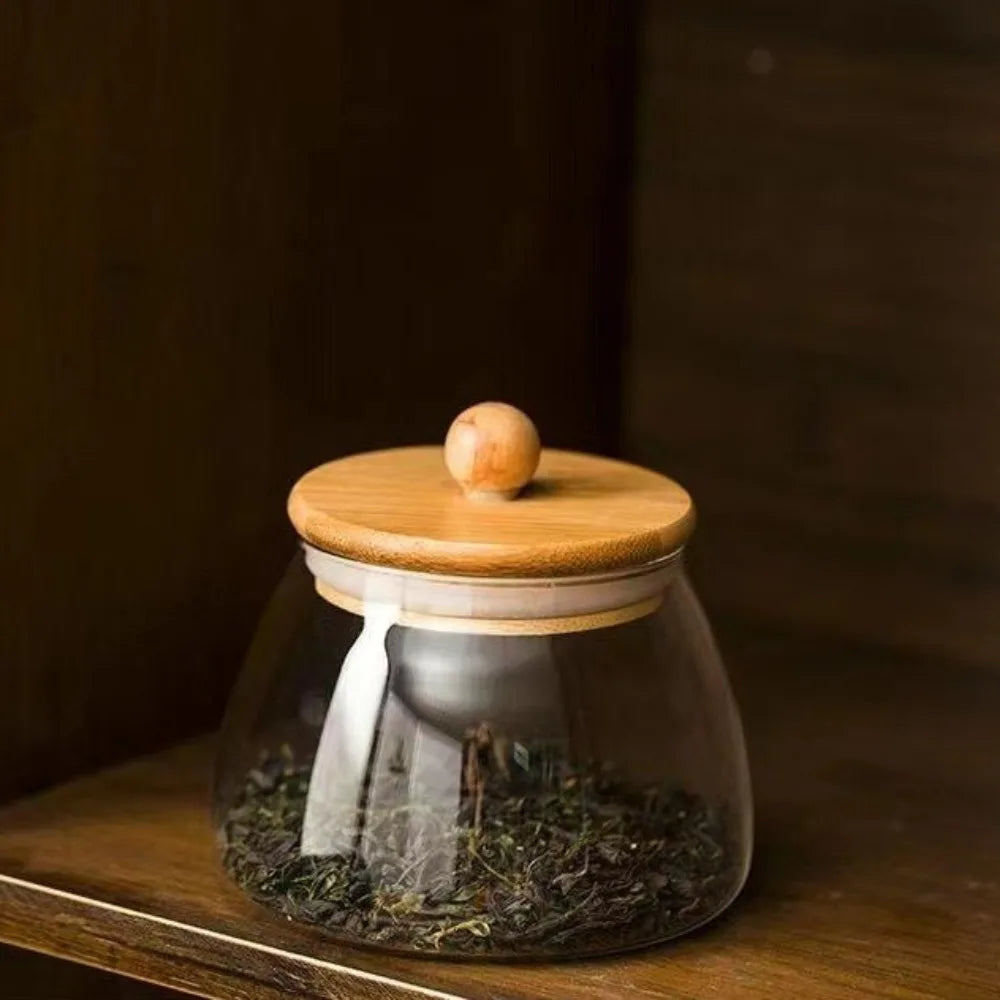 Transparent Airtight Glass Containers Moisture Proof Large Capacity Tea Storage Jar Wooden Lid Food Storage Container