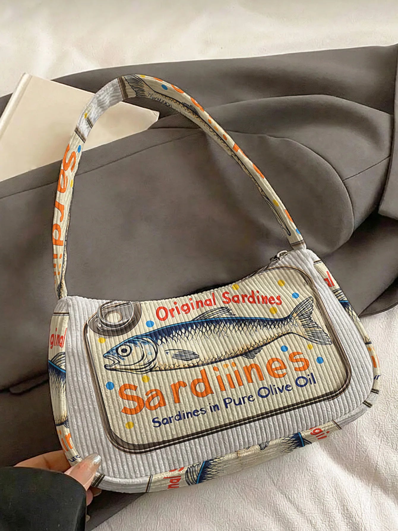 Trendy Sardine Print Shoulder Bag, Corduroy Underarm Bag for Daily Casual Use