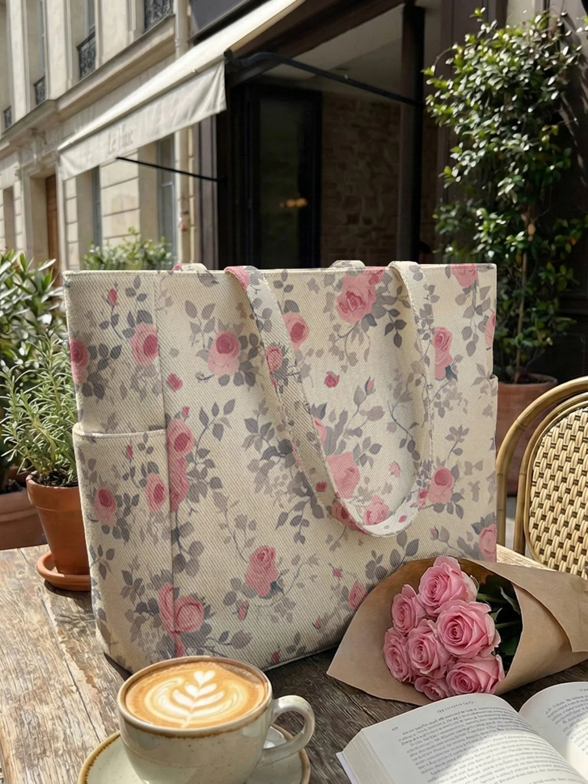 Floral printed large capacity women's handbag, canvas shoulder bag, casual commuting shopping bag