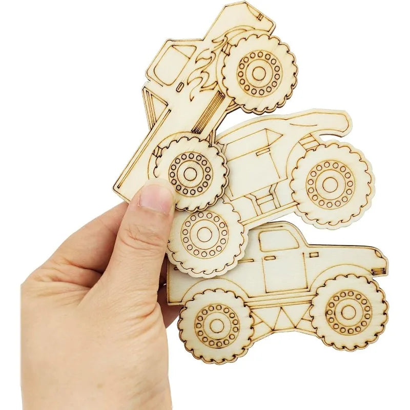 12pcs Unfinished Wood Monster Truck Cutouts, Wooden Craft Shapes
