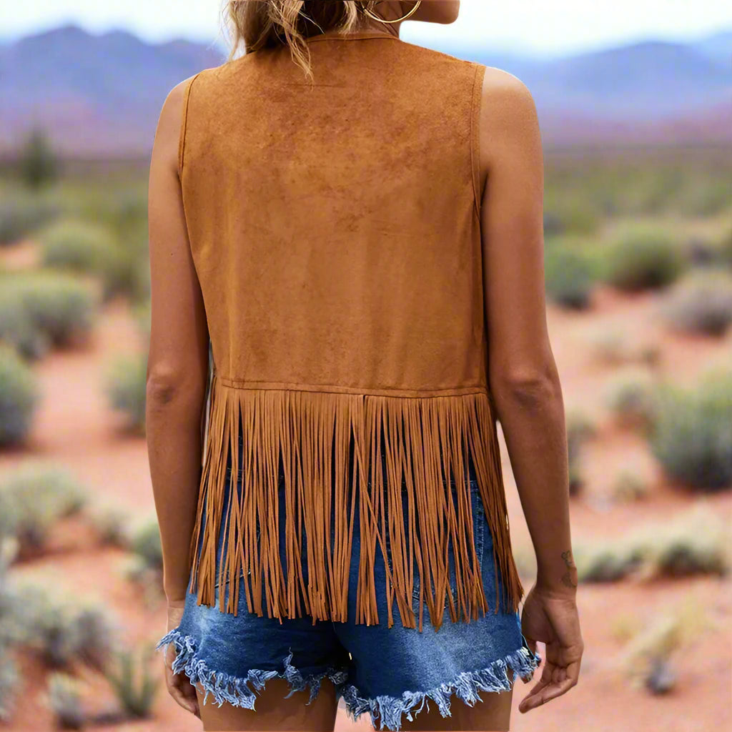 Seventies-Vintage Women's Faux Suede Fringed Vest