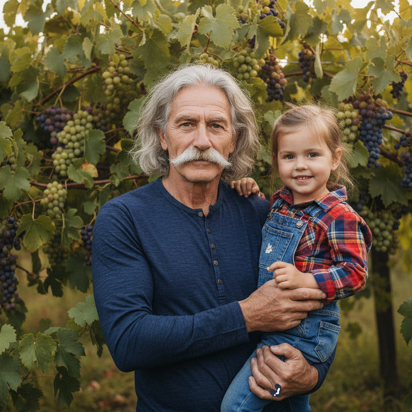 Man wearing a blue long-sleeve henley shirt with his granddaughter by a grape arbor.