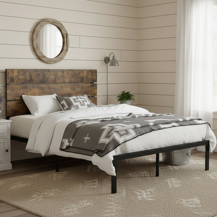 Rustic Wooden Headboard/Heavy Duty Metal Platform Bed Frame