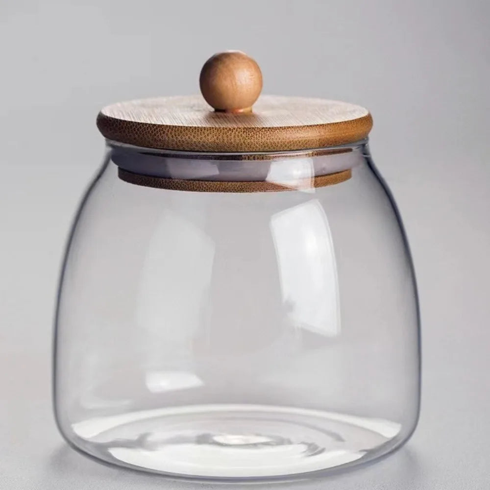 Transparent Airtight Glass Containers Moisture Proof Large Capacity Tea Storage Jar Wooden Lid Food Storage Container