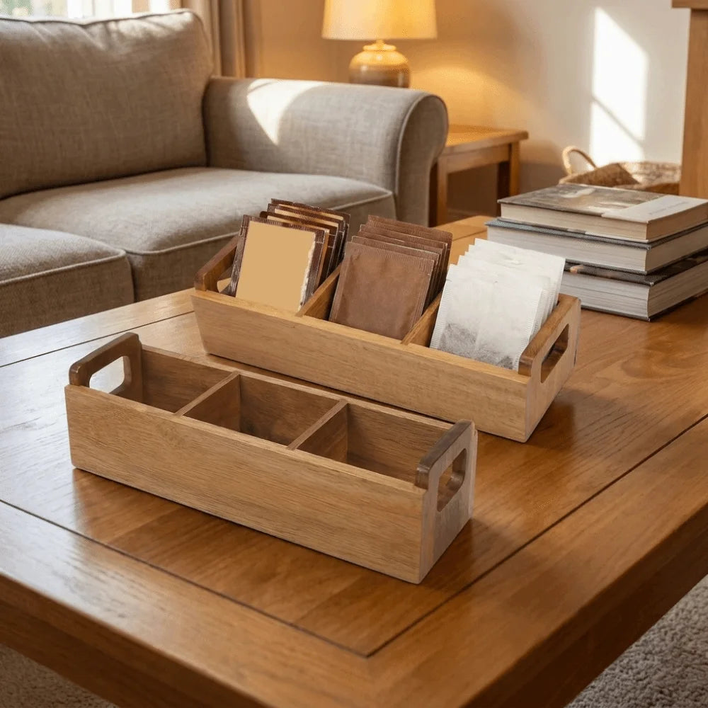 Practical Wooden Tea Bag Storage Box Dual Side Handles Large Capacity Sugar Packet Storage Box 3 Slots Tea Bag Holder Office