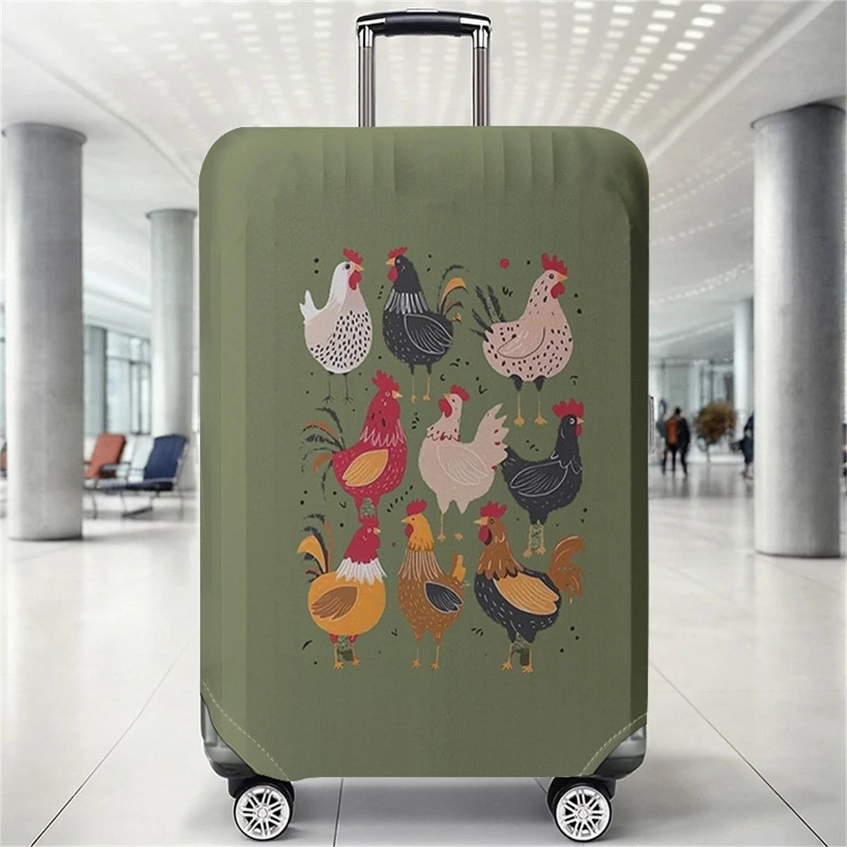Vintage Farm Chicken Group Olive Green Pattern Luggage Protective Cover, suitable for 18-32 inch luggage covers, luggage handle