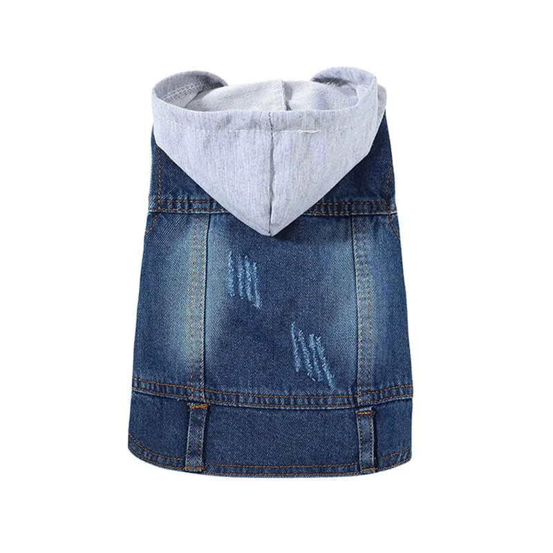 Retro Denim Hoodie Dog Jacket – Durable Four-Season Jean Vest for Small Dogs