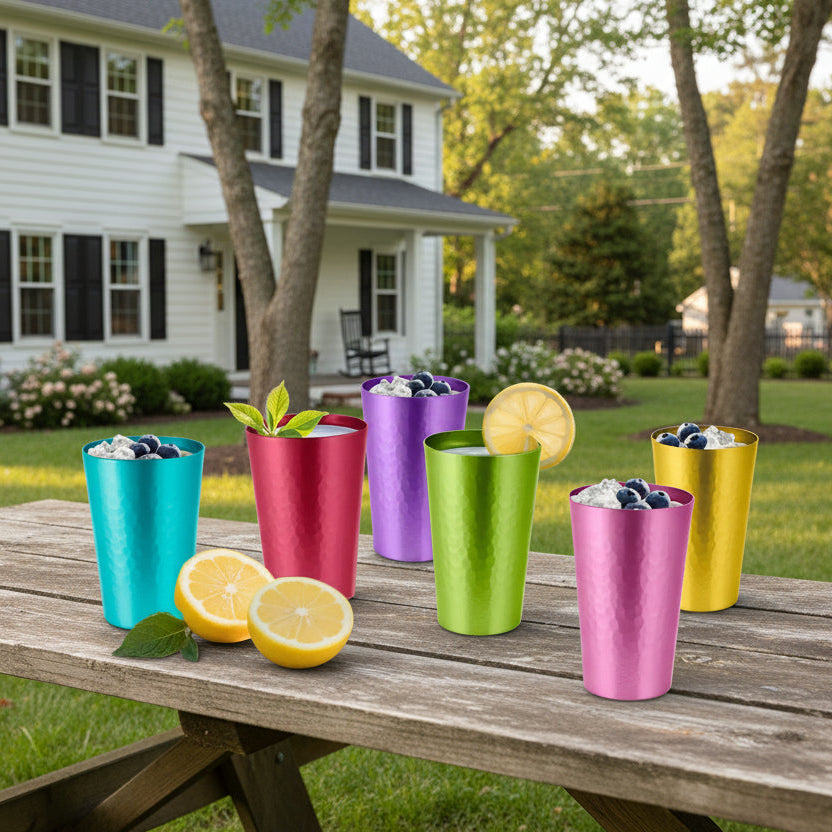 Retro Hammered Aluminum Tumblers Set – Bright 1970s Colorful Drinking Cups