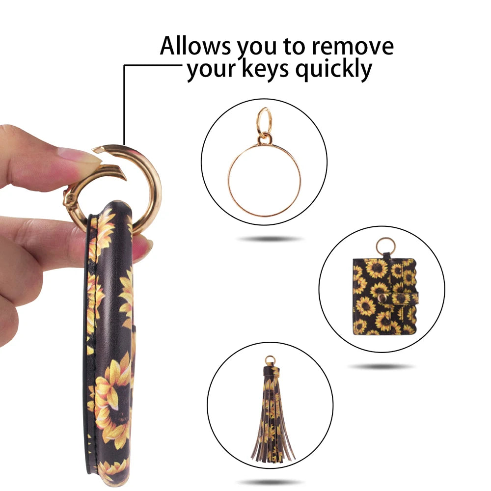 Bracelet Wallet Wristlet Keychain Pocket Credit Card Holder PU Leather Purse Tassel Silicone Bead Bangle Key Ring For Women