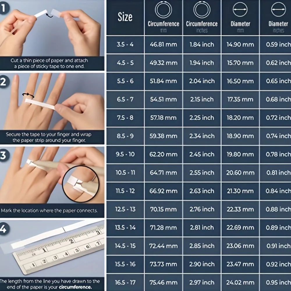 Instructions on how to measure finger size using paper and tape, with a table of measurements.