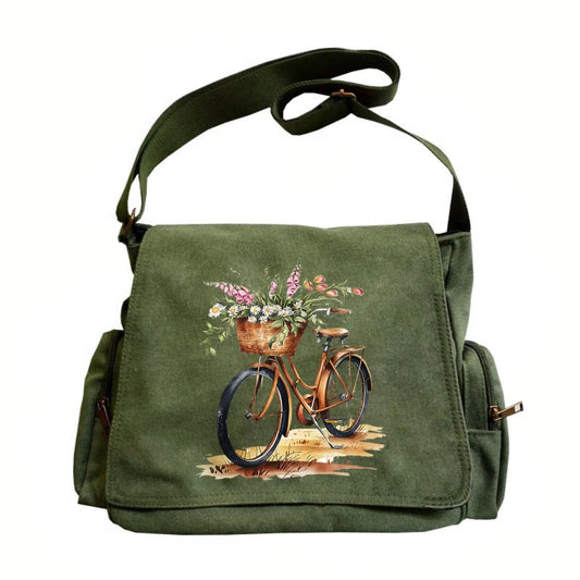 Vintage Womens Messenger Bag Floral Bicycle Print Canvas Crossbody Bag Large Capacity Travel Shoulder Bag