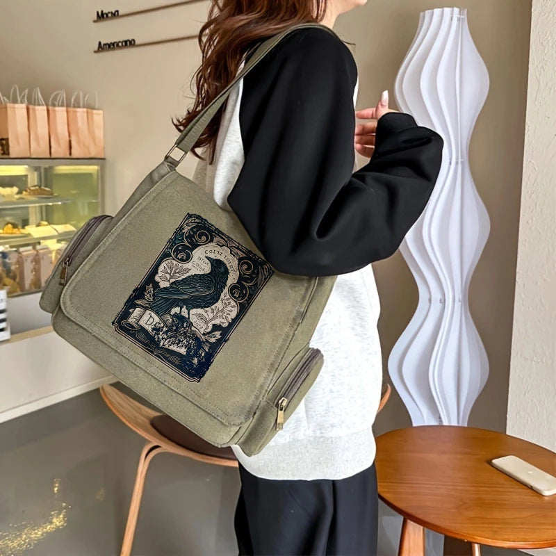 Vintage Raven Print Women's Shoulder Bag Men's Crossbody Messenger Bag Large Capacity Canvas Laptop Bag