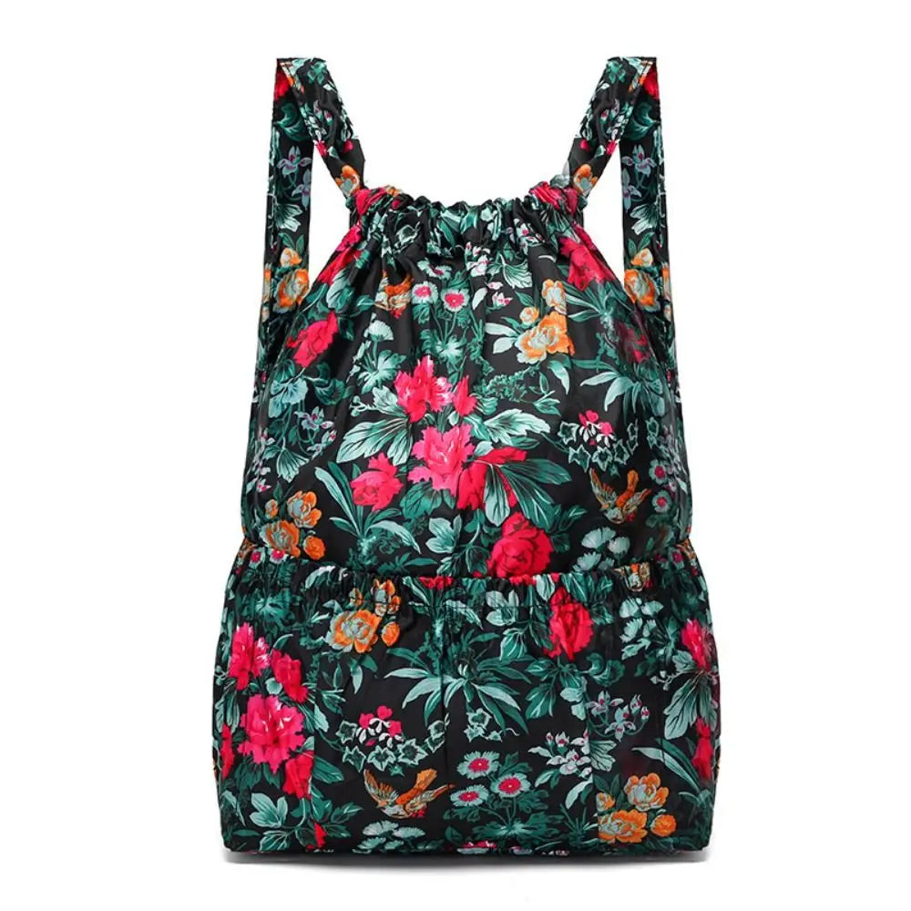 Multifunctional Floral Printed Drawstring Bag Polyester Waterproof Backpacks Fold Sports Travel Bag Teenage Girls