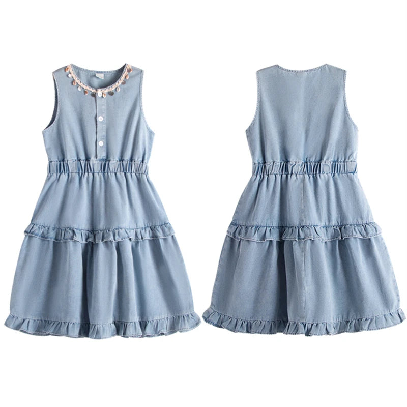 Girls Light Blue Denim Tiered Dress – Sleeveless Country Style Ruffle Chambray Dress for Young Girls & Tweens