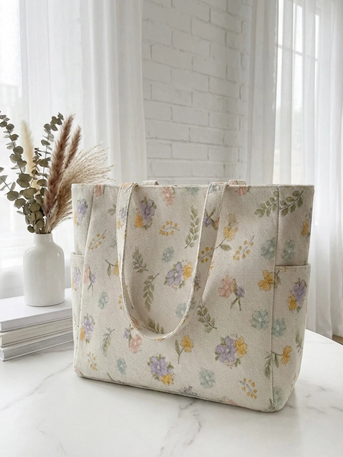 Floral printed large capacity women's handbag, canvas shoulder bag, casual commuting shopping bag